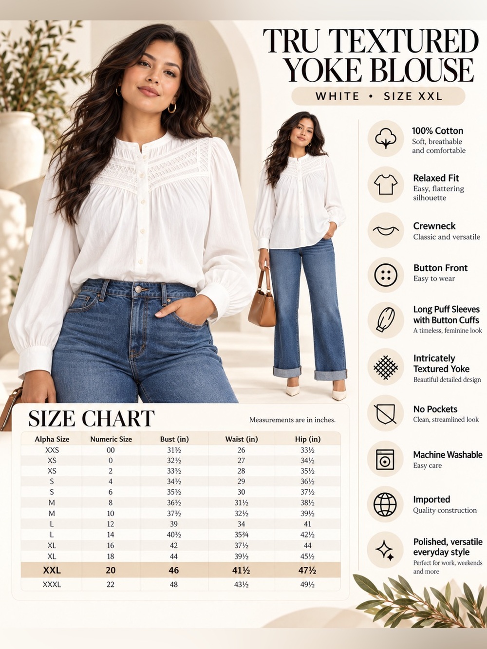 TRU TEXTURED YOKE COTTON LONG SLEEVE BLOUSE - WHITE SIZE XXL (NEW WITH TAGS) A25